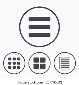 List menu icons. Content view options symbols. Thumbnails grid or Gallery view. Icons in circles.