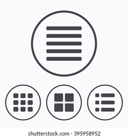 List menu icons. Content view options symbols. Thumbnails grid or Gallery view. Icons in circles.