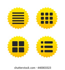 List menu icons. Content view options symbols. Thumbnails grid or Gallery view. Yellow stars labels with flat icons. Vector