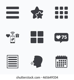List menu icons. Content view options symbols. Thumbnails grid or Gallery view. Flat talking head, calendar icons. Stars, like counter icons. Vector