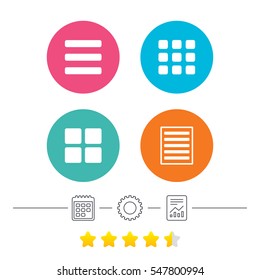 List menu icons. Content view options symbols. Thumbnails grid or Gallery view. Calendar, cogwheel and report linear icons. Star vote ranking. Vector