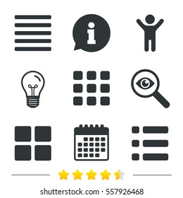 List menu icons. Content view options symbols. Thumbnails grid or Gallery view. Information, light bulb and calendar icons. Investigate magnifier. Vector