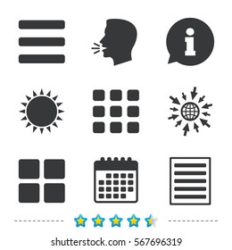 List menu icons. Content view options symbols. Thumbnails grid or Gallery view. Information, go to web and calendar icons. Sun and loud speak symbol. Vector