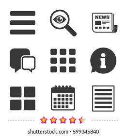List menu icons. Content view options symbols. Thumbnails grid or Gallery view. Newspaper, information and calendar icons. Investigate magnifier, chat symbol. Vector