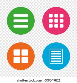 List menu icons. Content view options symbols. Thumbnails grid or Gallery view. Round buttons on transparent background. Vector