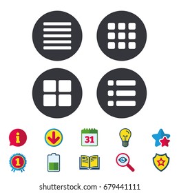 List menu icons. Content view options symbols. Thumbnails grid or Gallery view. Calendar, Information and Download signs. Stars, Award and Book icons. Light bulb, Shield and Search. Vector