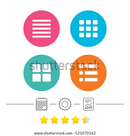 List menu icons. Content view options symbols. Thumbnails grid or Gallery view. Calendar, cogwheel and report linear icons. Star vote ranking. Vector