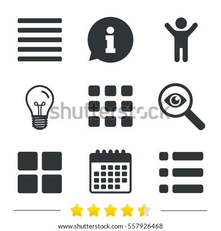 List menu icons. Content view options symbols. Thumbnails grid or Gallery view. Information, light bulb and calendar icons. Investigate magnifier. Vector