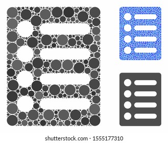 List mosaic of small circles in different sizes and color tints, based on list icon. Vector small circles are united into blue composition. Dotted list icon in usual and blue versions.