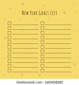 List of New Year's Goals. Vector illustration on a beige background with a decor in the form of snowflakes. Blank Paper - Planner for Personal and General Use