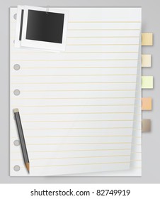 List of notepad with bookmarks and stickied photo cards and pencil
