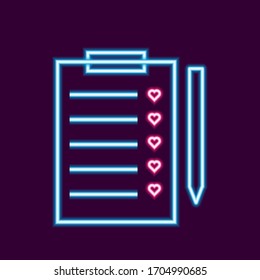 Lista en cuaderno, neón azul lápiz. Marcas del corazón. Ilustración vectorial. pasos