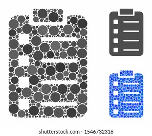 List pad composition of small circles in variable sizes and color tinges, based on list pad icon. Vector small circles are united into blue collage. Dotted list pad icon in usual and blue versions.