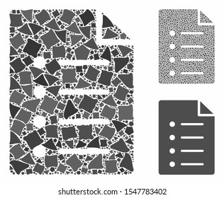 List page composition of irregular pieces in various sizes and color tinges, based on list page icon. Vector bumpy pieces are organized into composition. List page icons collage with dotted pattern.