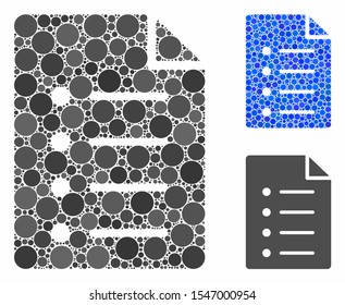 List page composition of round dots in various sizes and color tones, based on list page icon. Vector round dots are grouped into blue collage. Dotted list page icon in usual and blue versions.