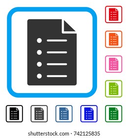 List Page icon. Flat gray iconic symbol inside a light blue rounded squared frame. Black, gray, green, blue, red, orange color additional versions of List Page vector.