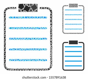 List page mosaic of joggly pieces in variable sizes and color tints, based on list page icon. Vector joggly pieces are organized into mosaic. List page icons collage with dotted pattern.