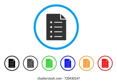 List Page rounded icon. Style is a flat list page gray symbol inside light blue circle with black, gray, green, blue, red, orange variants. Vector designed for web and software interfaces.