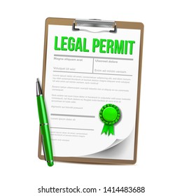 List Of Paper With Legal Permit Clipboard Vector. Colorful Design Template Approved Permit Certificate Document With Approved Stamp On Tablet And Pen. Authorization Realistic 3d Illustration