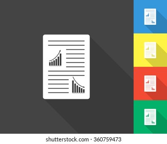 list of paper with text and graphs icon - gray and colored (blue, yellow, red, green) vector illustration with long shadow