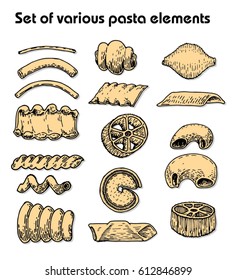 List of Pasta. Different types, shapes. Set of pasta vector illustration, 