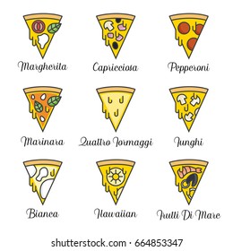 List of pizza flavors with names.  Pizza flat outline icons set. Various pizza styles, types. Menu design elements.