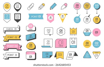 Elemento de ponto de lista. Quadro de título minimalista, elementos decorativos simples abstratos de lista de marcadores, banners geométricos básicos com formas de fita e cores Coleção de vetor.