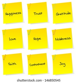 List of positive sentiments over sheets of papers