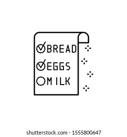List of products bread eggs milk butter paper icon. Simple line, outline vector of grocery icons for ui and ux, website or mobile application