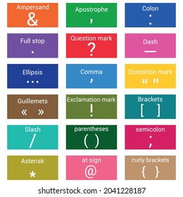 list of punctuation marks in English grammar vector illustration on white background