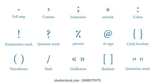 Lista de signos de puntuación en la gramática inglesa. Punto completo, coma, punto y coma, asterisco, dos puntos, exclamación y signo de interrogación, porcentaje, signo, corchetes, paréntesis, barra diagonal, gafas.