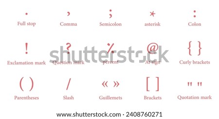 List of punctuation marks in english grammar. Full stop, comma, semicolon, asterisk, colon, exclamation and question mark, percent, at sign, curly brackets, parentheses, slash, guillemets.
