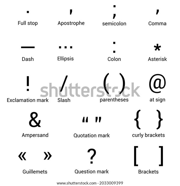 list of punctuation marks in English\
grammar vector illustration on white\
background