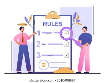 List of rules concept. Men make up a checklist for regulating relations in the team. Legislative project. Character read and approve innovations. Cartoon flat vector illustration on a white background