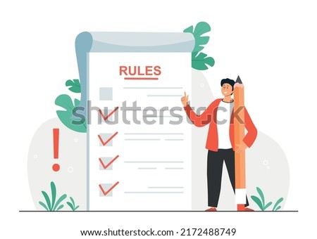 List of rules and regulations. Man stands near sheet of paper with large pencil in hand. Corporate compliance and business ethics. Boss sets standards of procedure. Cartoon flat vector illustration.