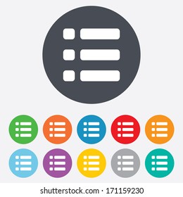 List sign icon. Content view option symbol. Round colourful 11 buttons. Vector