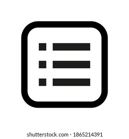 Icono de signo de lista. símbolo de opción de vista de contenido. Símbolo de lista - opciones de diseño en estilo plano moderno.  botón de opción Vista de contenido. Botón cuadrado.