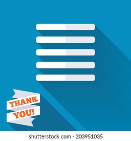 List sign icon. Content view option symbol. White flat icon with long shadow. Paper ribbon label with Thank you text. Vector