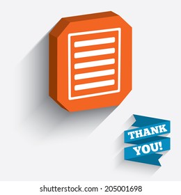 List sign icon. Content view option symbol. White icon on orange 3D piece of wall. Carved in stone with long flat shadow. Vector