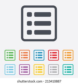 List sign icon. Content view option symbol. Round squares buttons with frame. Vector