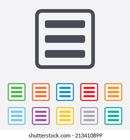 List sign icon. Content view option symbol. Round squares buttons with frame. Vector