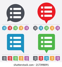 List sign icon. Content view option symbol. Speech bubbles information icons. 24 colored buttons. Vector