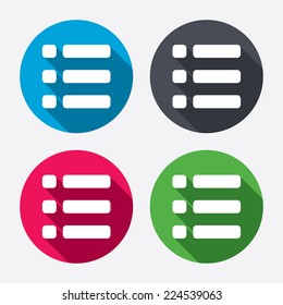 List sign icon. Content view option symbol. Circle buttons with long shadow. 4 icons set. Vector