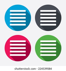 List sign icon. Content view option symbol. Circle buttons with long shadow. 4 icons set. Vector