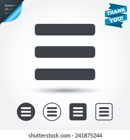 List sign icon. Content view option symbol. Circle and square buttons. Flat design set. Thank you ribbon. Vector