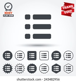List sign icon. Content view option symbol. Circle, star, speech bubble and square buttons. Award medal with check mark. Thank you ribbon. Vector