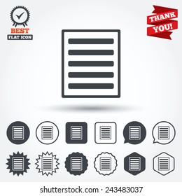 List sign icon. Content view option symbol. Circle, star, speech bubble and square buttons. Award medal with check mark. Thank you ribbon. Vector