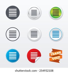 List sign icon. Content view option symbol. Circle concept buttons. Metal edging. Star and label sticker. Vector