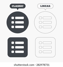 List sign icon. Content view option symbol. Classic and line web buttons. Circles and squares. Vector