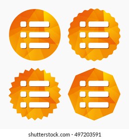 List sign icon. Content view option symbol. Triangular low poly buttons with flat icon. Vector